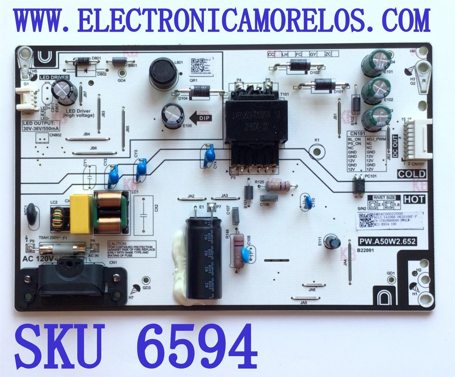 FUENTE DE PODER PARA TV INSIGNIA / NUMERO DE PARTE 9012-342066 / PW.A50W2.652 / 0630100C-F / 6M04C00022000 / CN-1T920000G00 / MODELO 32"	